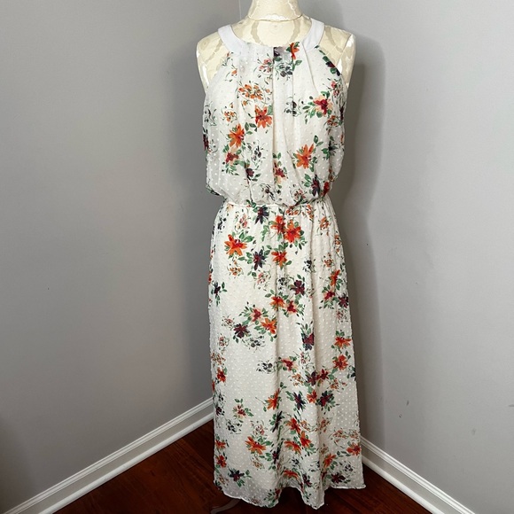 Robbie Bee Women Size 10P Chiffon Maxi Dress White Floral Lined Round Neckline - Picture 2 of 10